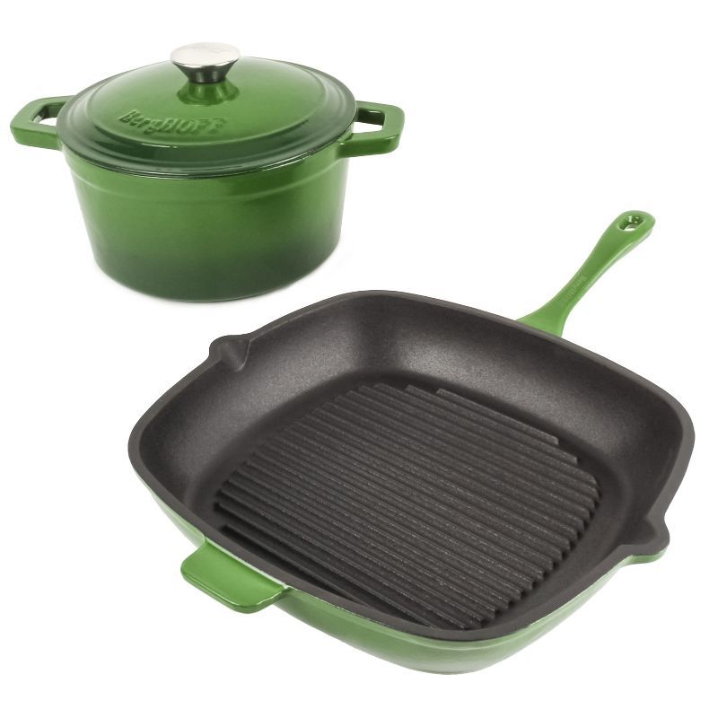 Green Enameled Cast Iron 3-Piece Cookware Set with Grill Pan and Dutch Oven