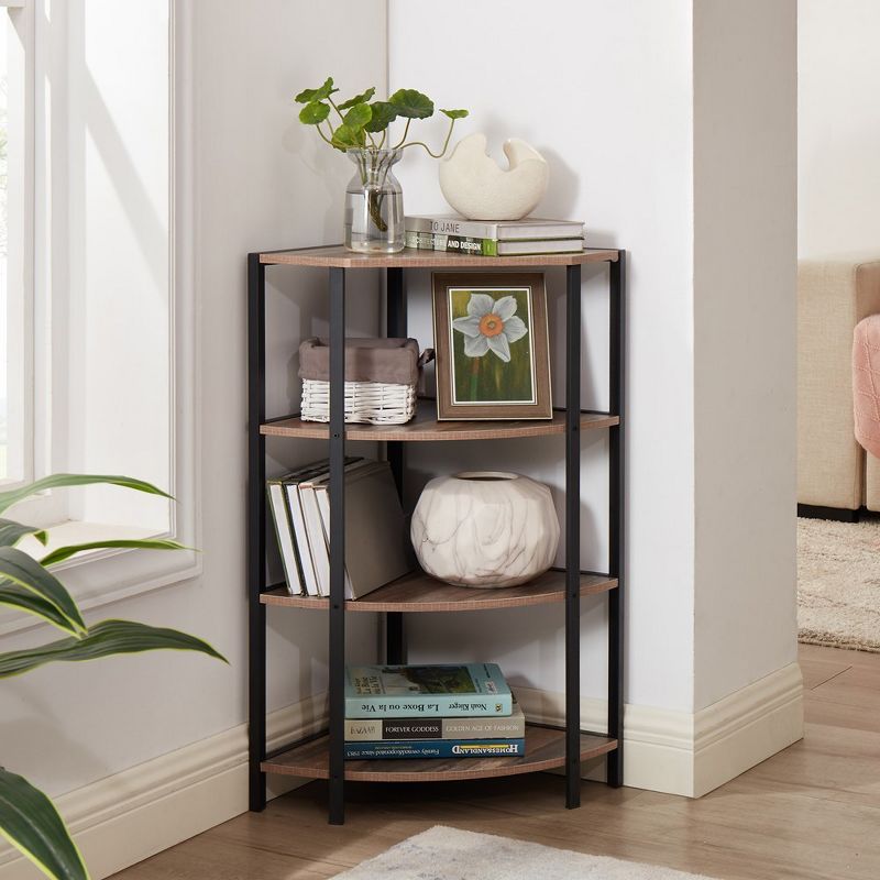 Brown 4-Tier Corner Metal and Wood Shelf