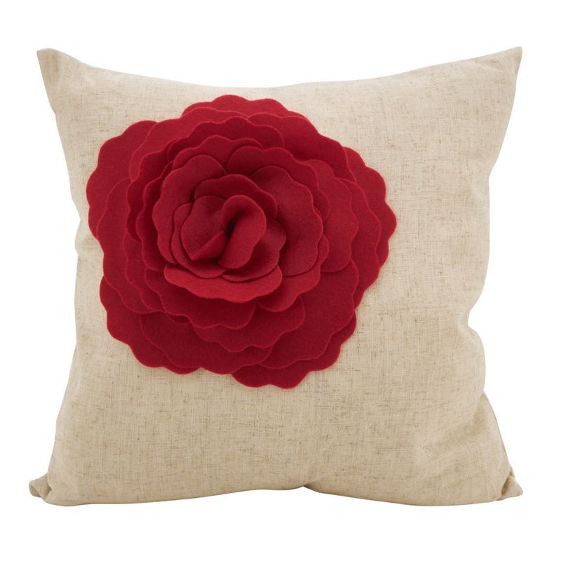 Medium Off-White Square Pillow with Red 3D Rose