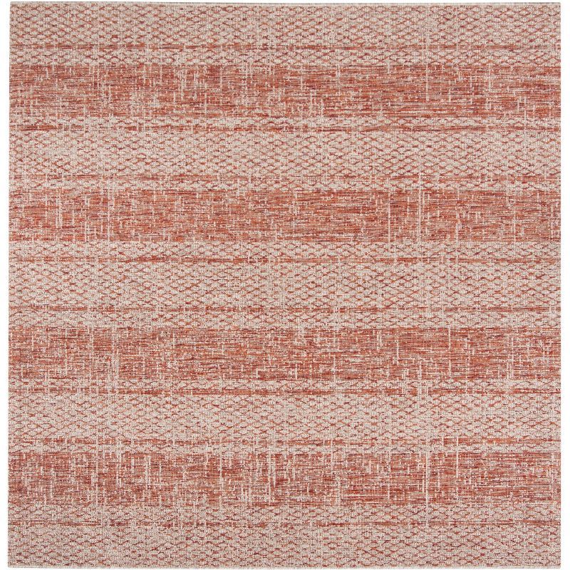 6'7" Square Off-White and Terracotta Synthetic Area Rug