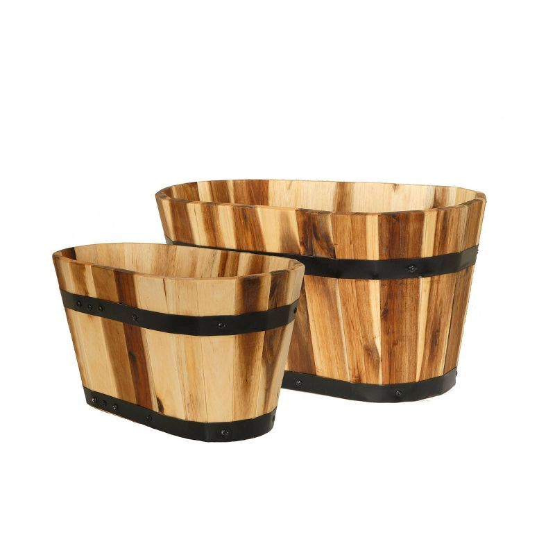 Set of 2 Acacia Wood Oval Barrel Planters with Metal Bands