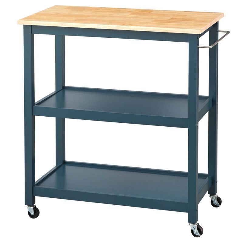 Blue and Natural Wood 2-Tier Rolling Kitchen Cart