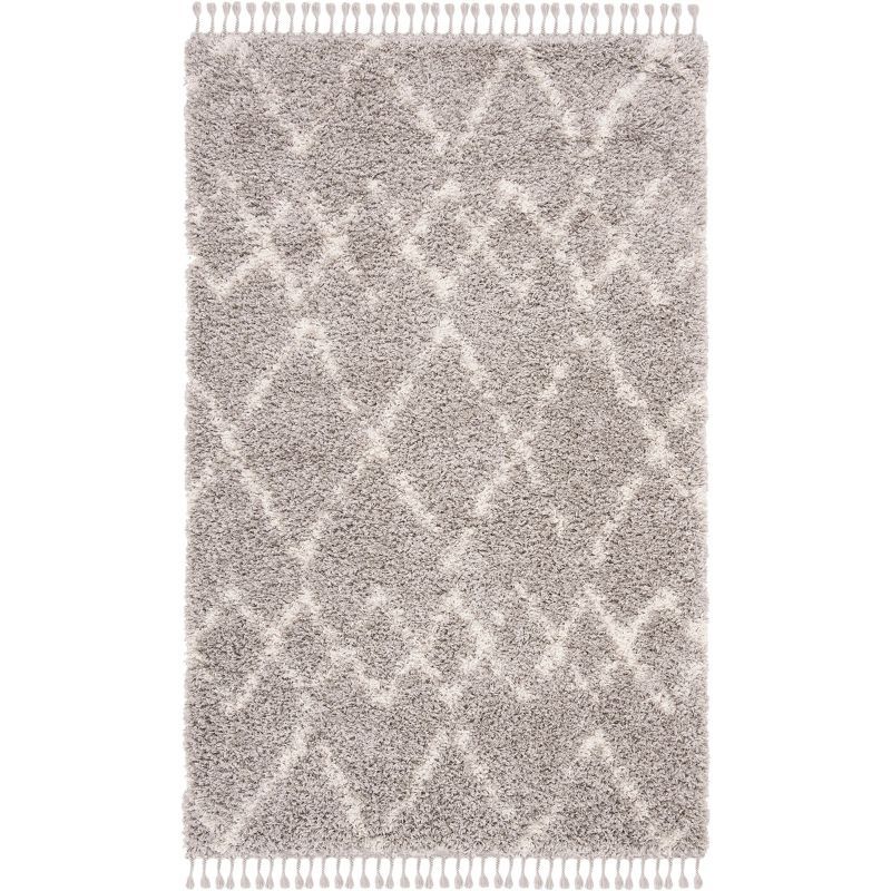 Luxurious Gray Geometric Hand-Knotted Shag Area Rug 5' x 8'