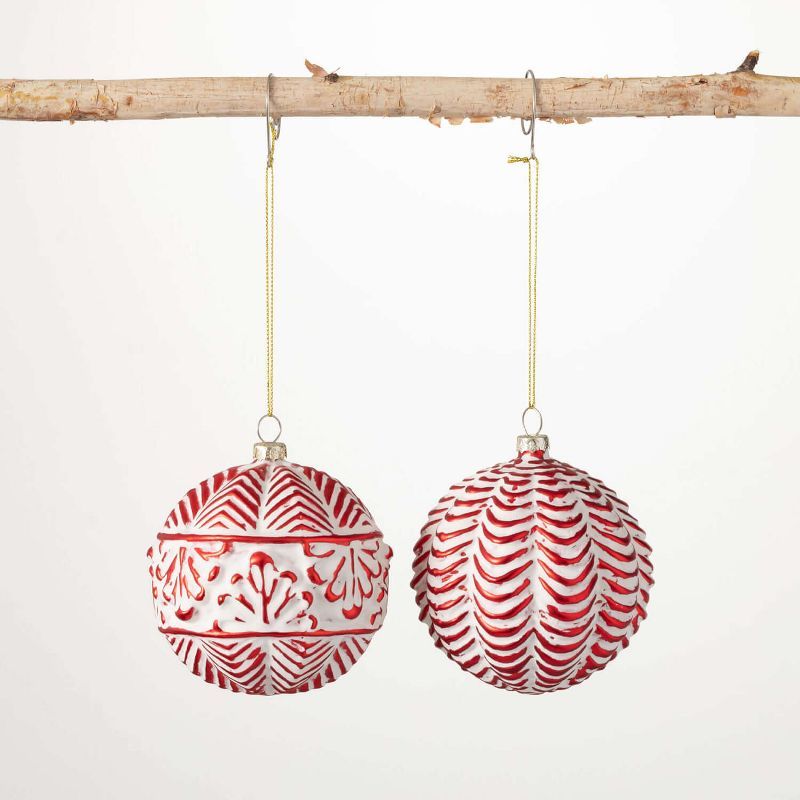 Cranberry Red Embossed Glass Ball Ornaments Set of 2