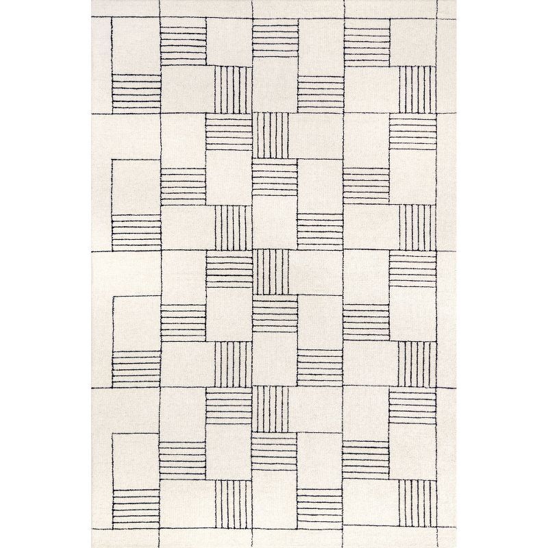 Ivory Abstract Checkered Handmade Wool Area Rug, 6' x 9'