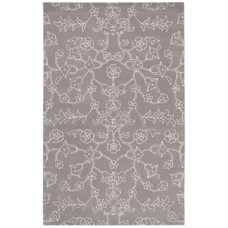 Dark Grey and Ivory Floral Wool Silk 4' x 6' Area Rug