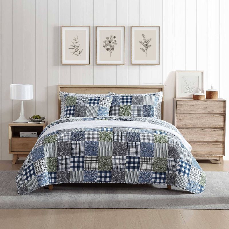 Blue Cotton Twin Reversible Patchwork Quilt Set