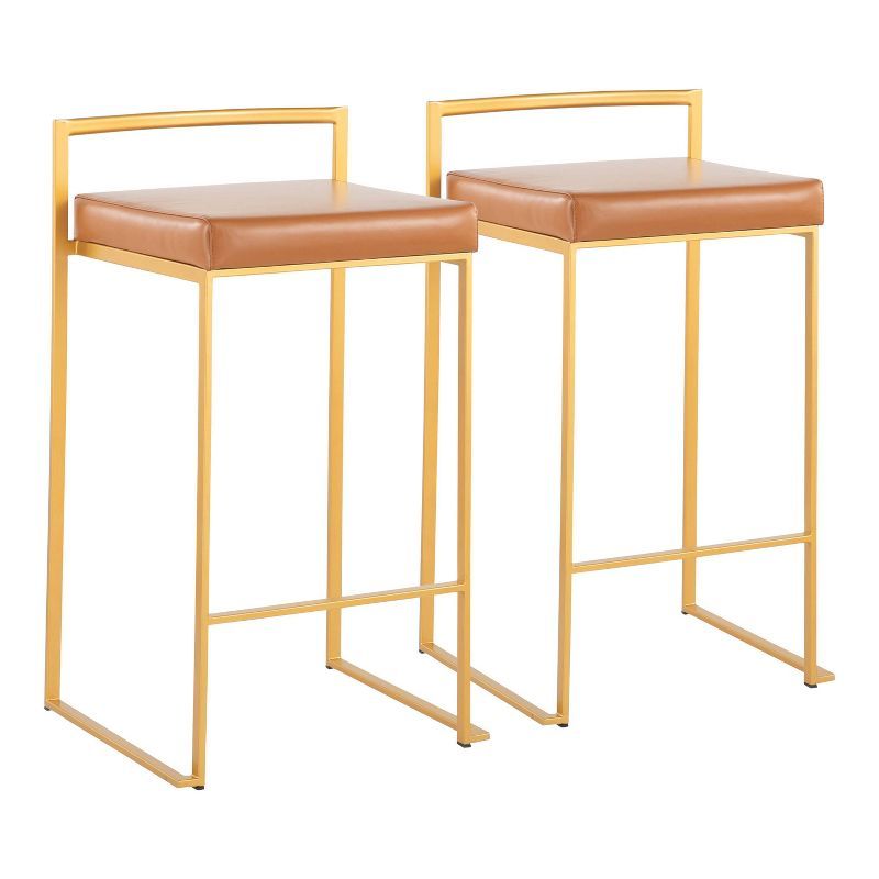 Fuji Stackable Gold Frame with Camel Faux Leather Counter Stool, Set of 2