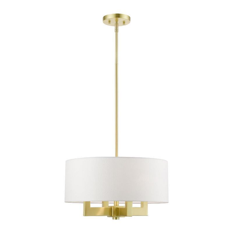 Mini Drum Satin Brass 4-Light Chandelier with Off-White Shade