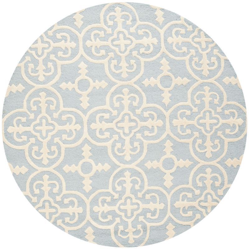 Light Blue and Ivory Round Hand-Tufted Wool Rug