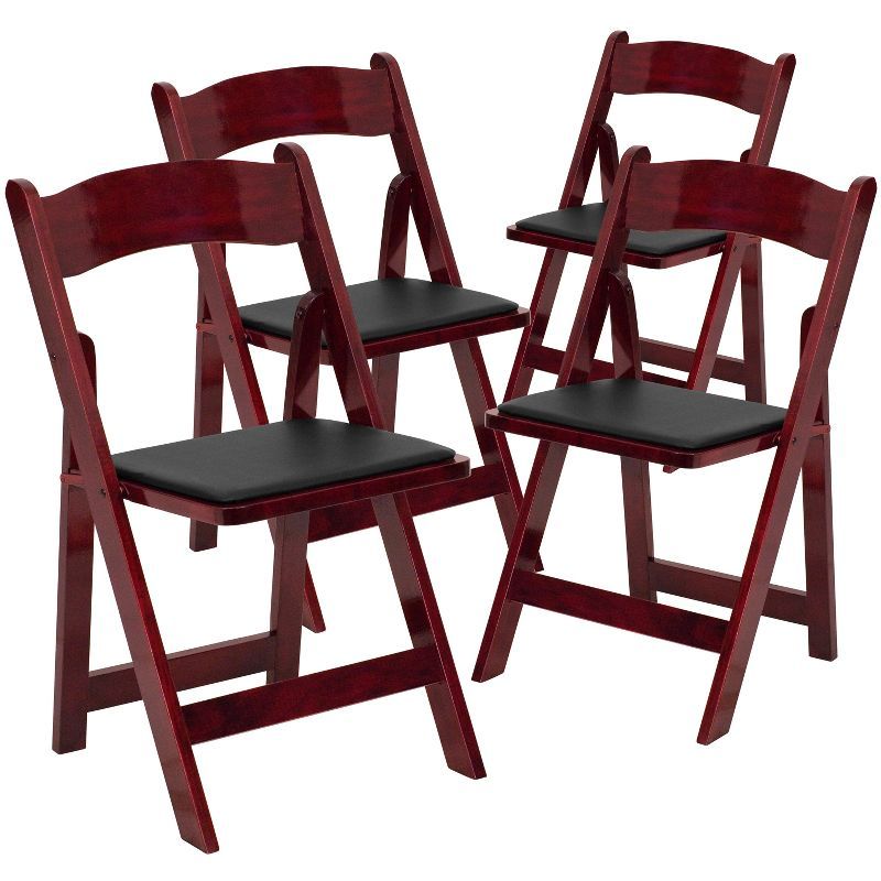 Mahogany Wood Armless Folding Chairs with Black Vinyl Padded Seat, Set of 4