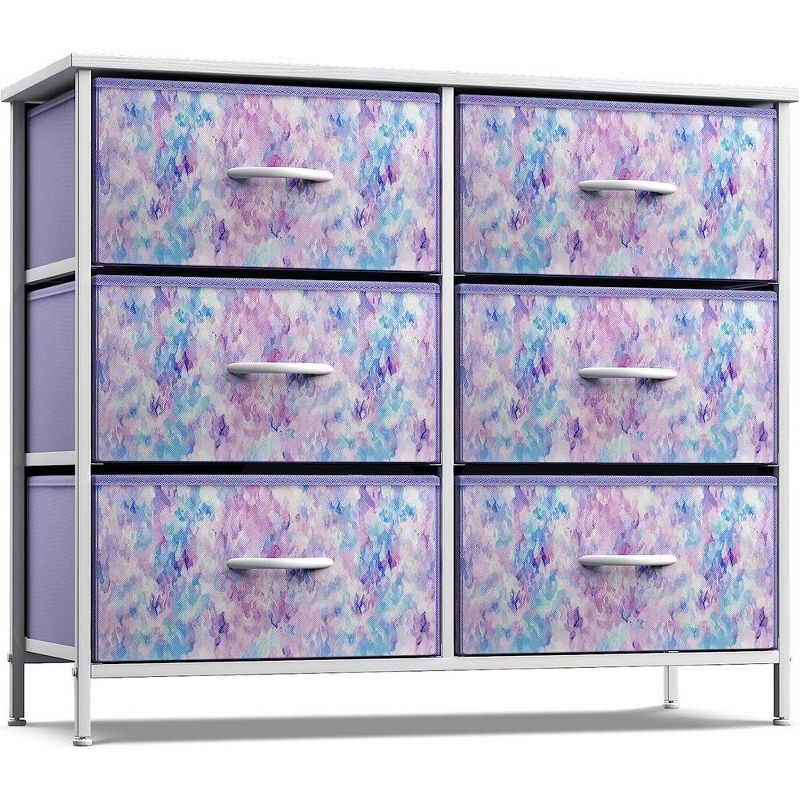 Watercolor Blue-Purple 6-Drawer Fabric Dresser with Steel Frame