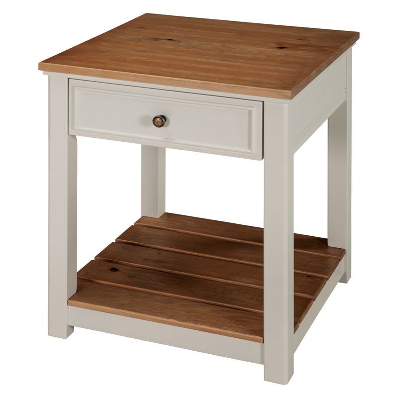 Savannah Coastal Ivory End Table with Natural Wood Top and Storage