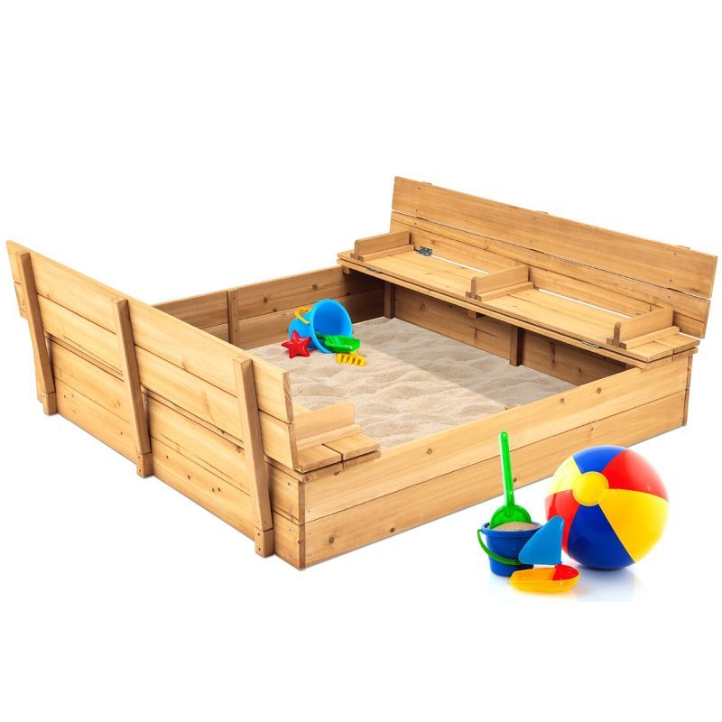 Natural Cedar Wood Kids Outdoor Sandbox with Foldable Benches