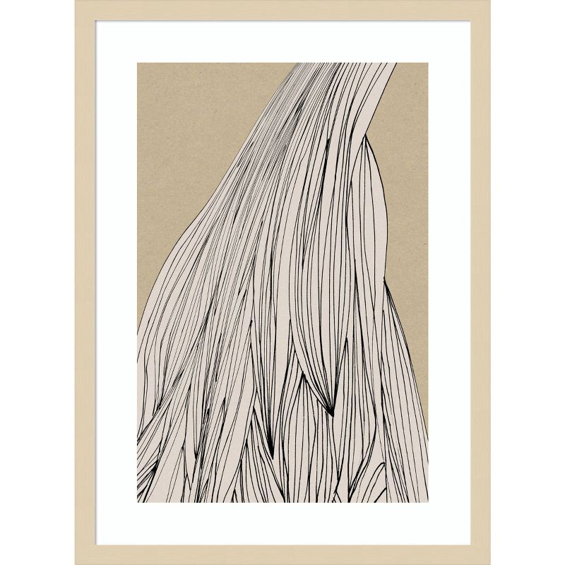 Dan Hobday Abstract Black Ink Lines Art with Natural Wood Frame