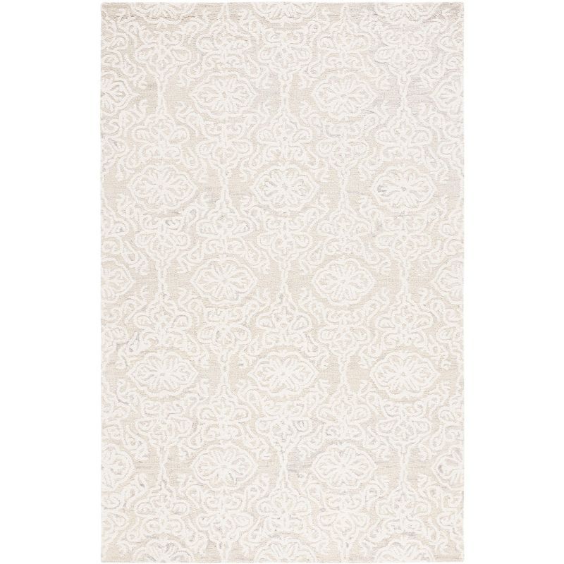 Elegant Silver and Ivory Floral Tufted Wool Rug, 5' x 8'