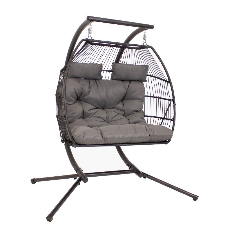 Dark Gray Double Egg Hanging Chair with Cushions and Steel Stand