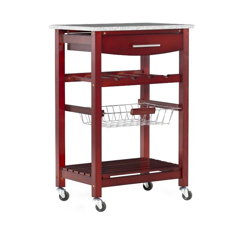 Small Red Pine Kitchen Cart with Granite Top and Wine Rack