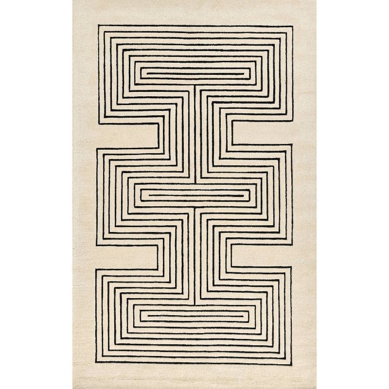 White Geometric Hand-Tufted Wool Rectangular Area Rug