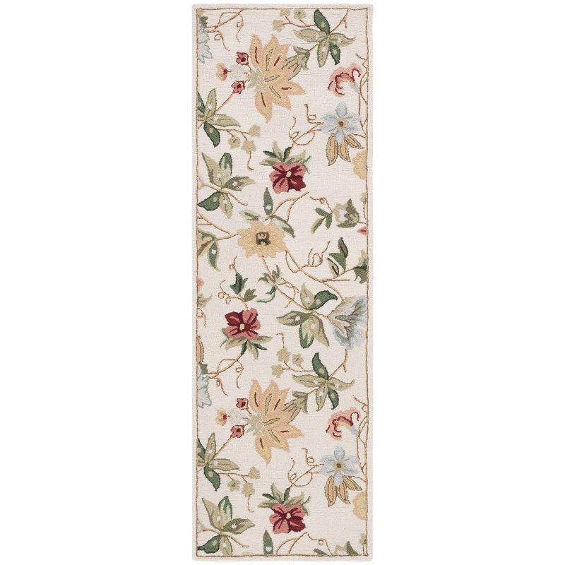 Ivory Floral Hand-Hooked Wool Runner Rug, 2'6" x 10'