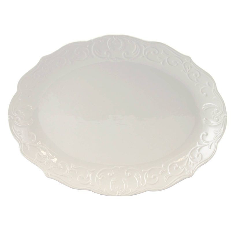 White Embossed Ceramic Oval Serving Platter, 20"