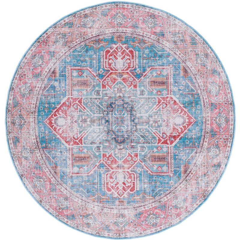 Serapi Blue and Rust Round Washable Viscose Chenille Area Rug