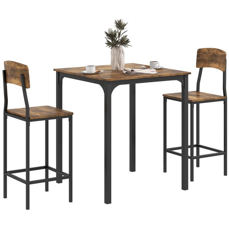 Rustic Brown and Black Medium Wood Pub Table Set with Steel Frame