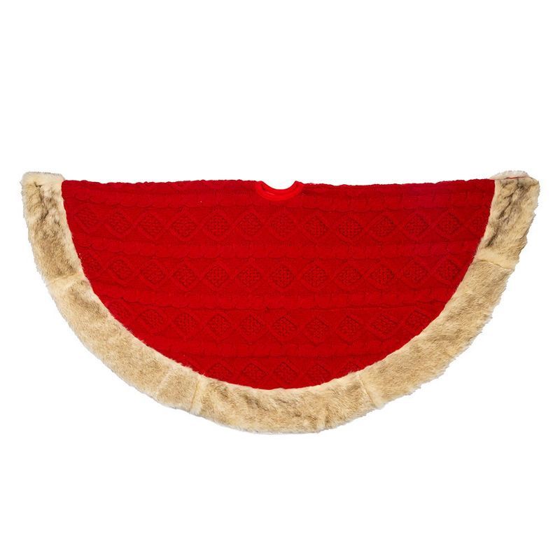 48-Inch Red Knit Tree Skirt with Tan Faux Fur Border