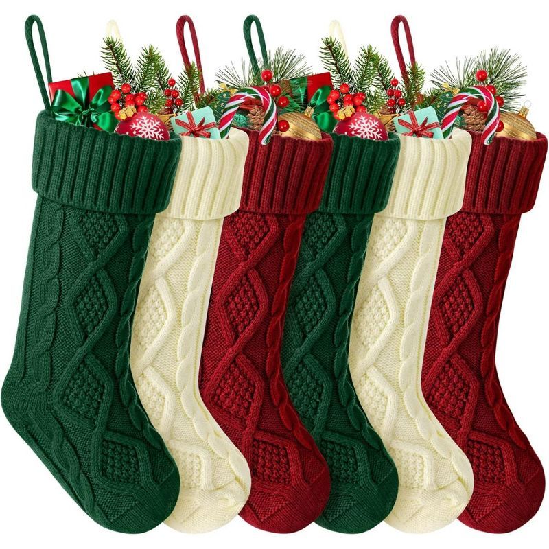 Set of 6 Burgundy, Ivory, and Green Knit Christmas Stockings