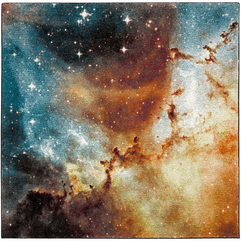 Celestial Orange and Multicolor Square Synthetic Area Rug, 4'x4'