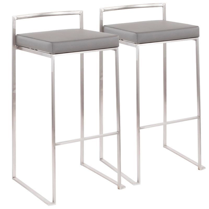 Fuji 34" Gray Leather Contemporary Stackable Barstools, Set of 2