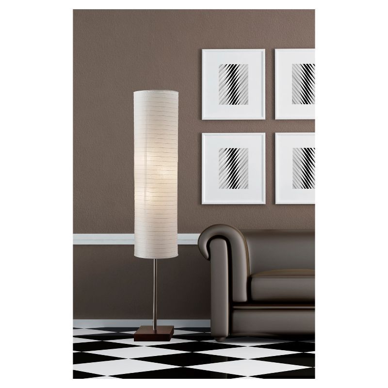 White Rice Paper and Steel Floor Lamp with Wooden Base