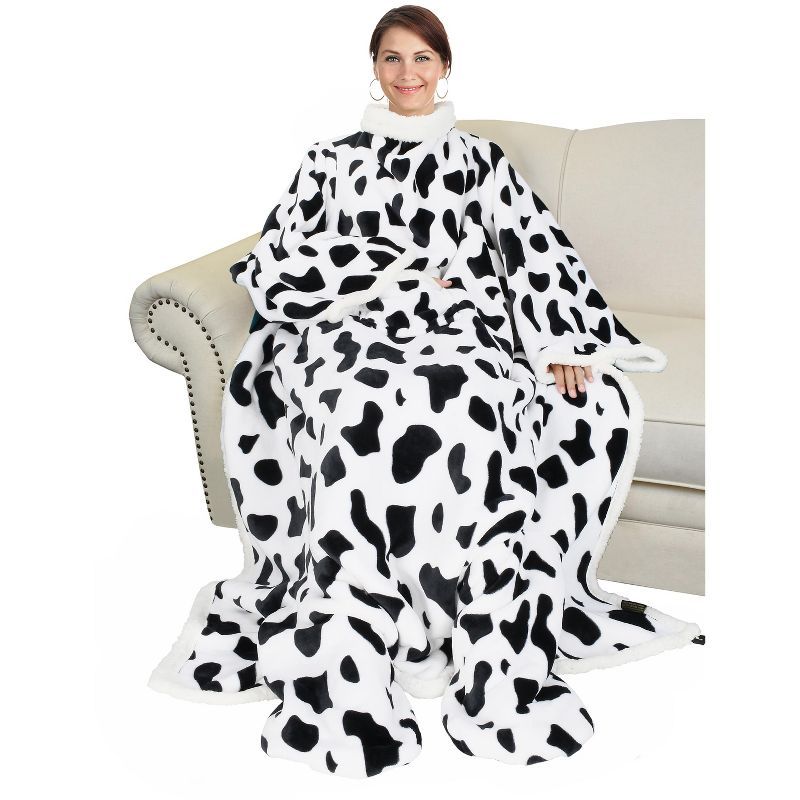 Catalonia Cow Print Sherpa Wearable Blanket with Sleeves and Foot Pockets