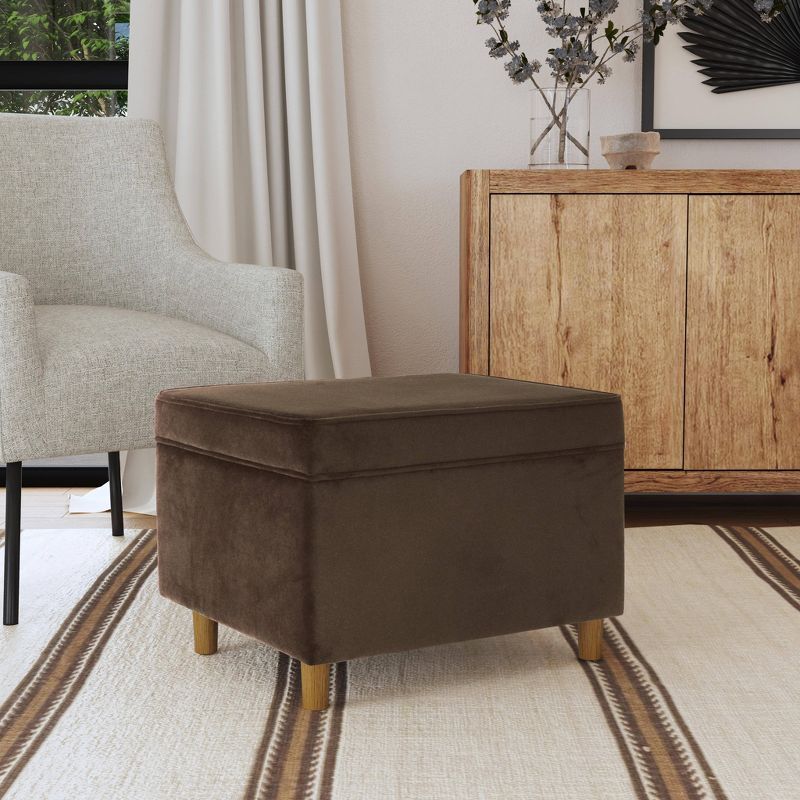 Dinah Chocolate Brown Velvet Storage Ottoman with Honey Oak Legs