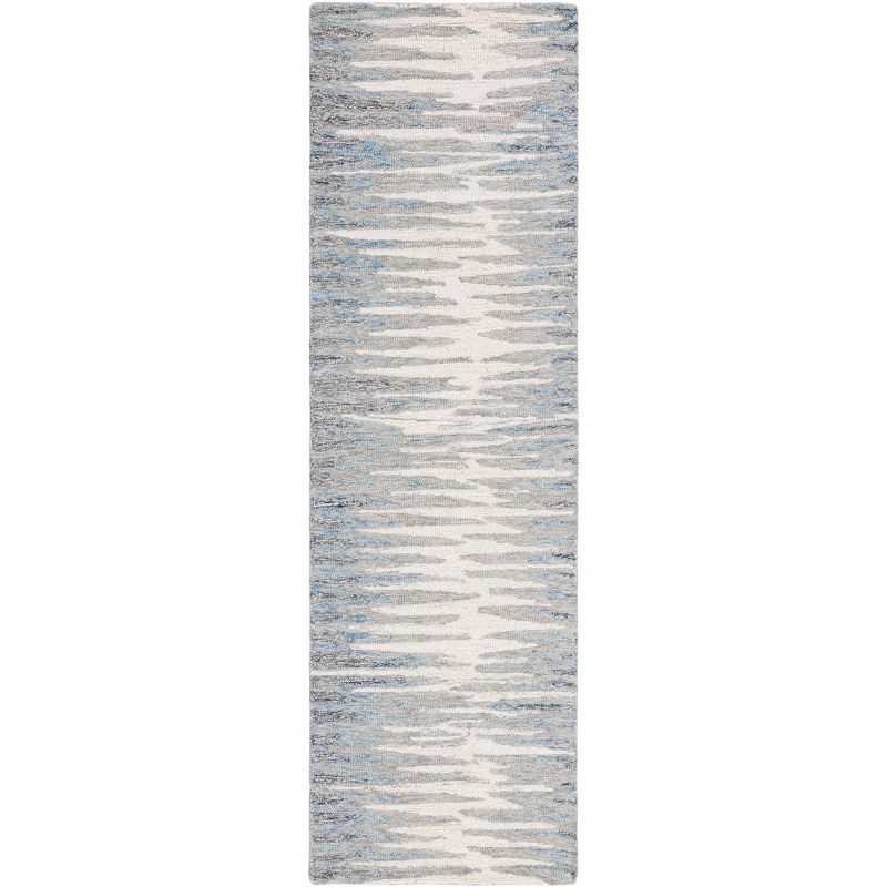 Handmade Ivory and Dark Blue Wool Abstract Runner Rug