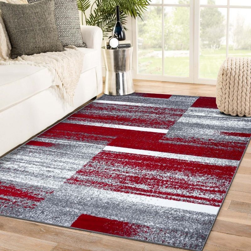 Red and Gray Geometric Synthetic Area Rug 4' x 5'