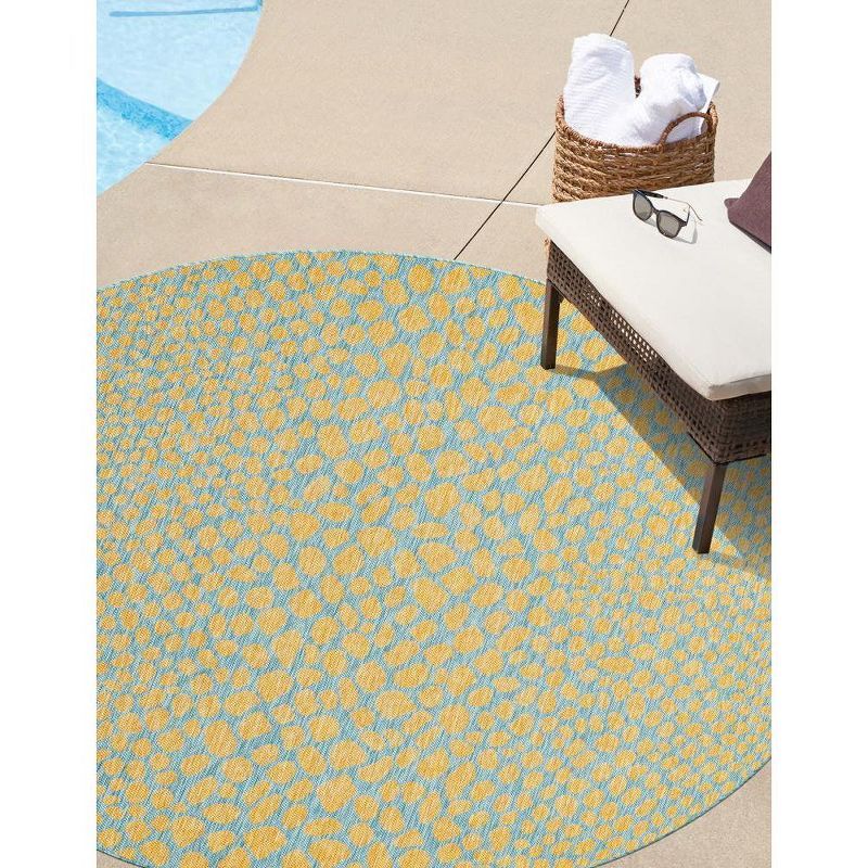 Round Blue and Yellow Stain-Resistant Outdoor Rug