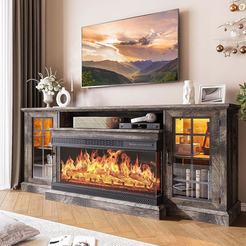 Gray 70" Rustic Fireplace TV Stand with Glass Cabinets