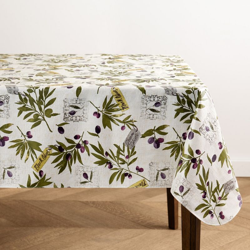 52" Square Ivory and Green Vinyl Tablecloth with Olive Branches