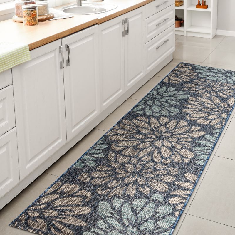 Navy and Aqua Floral Flat Woven Runner Rug