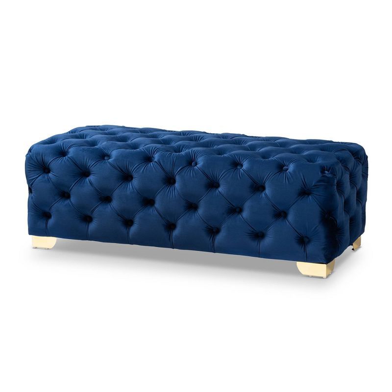 Royal Blue Velvet Tufted Ottoman with Gold Metal Legs