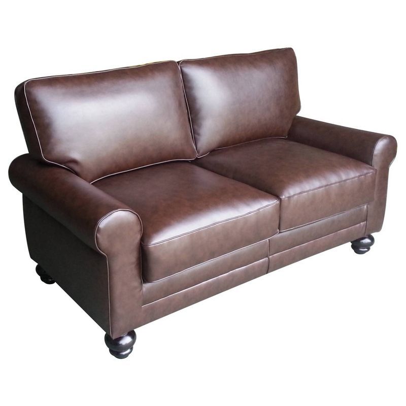 Chestnut Brown Leather Rolled Arm Loveseat with Wood Legs