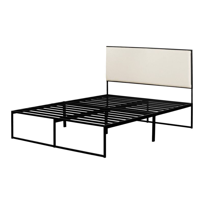 Queen Black Metal Frame Bed with Beige Upholstered Headboard