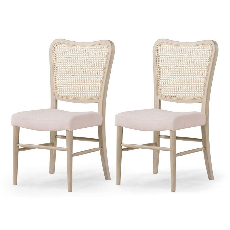 Antiqued White Upholstered Cane Back Wooden Side Chair, Set of 2