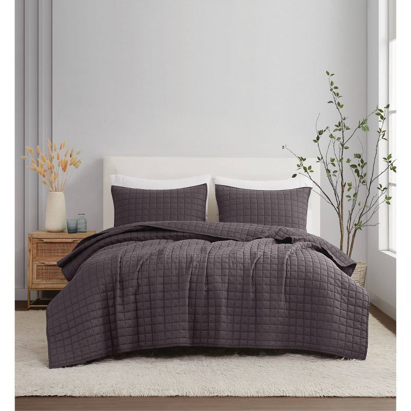 Charcoal King Size Linen Quilt Set with Shams