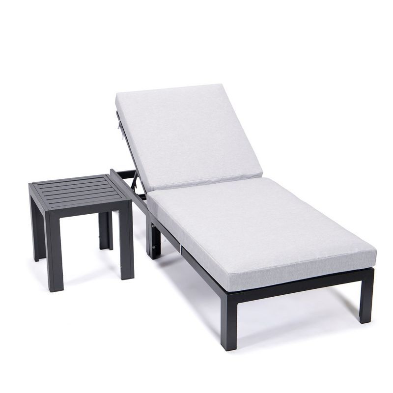 Chelsea Modern Black Aluminum Outdoor Chaise Lounge Chair with Light Grey Cushions and Side Table