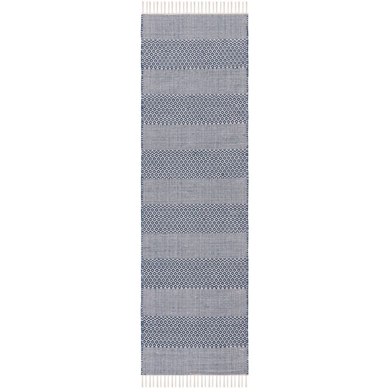 Ivory and Navy Handwoven Cotton Runner Rug