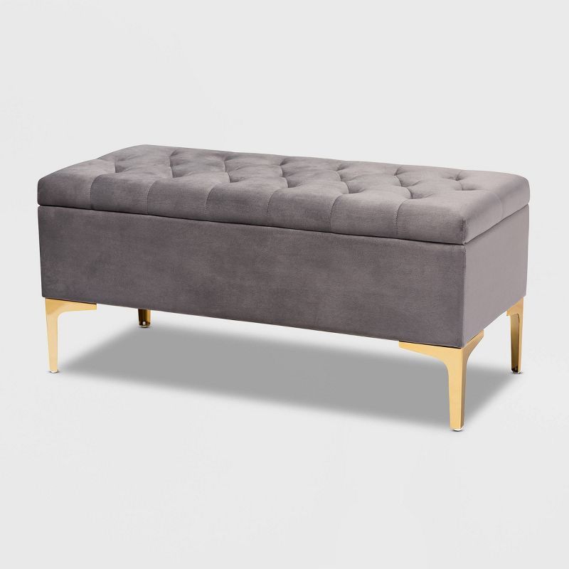 Valere Grey Velvet Gold-Finished Button Tufted Storage Ottoman