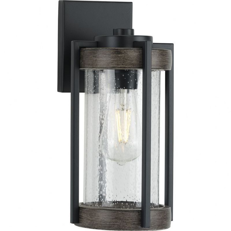 Matte Black and Wood Outdoor Wall Lantern with Seeded Glass