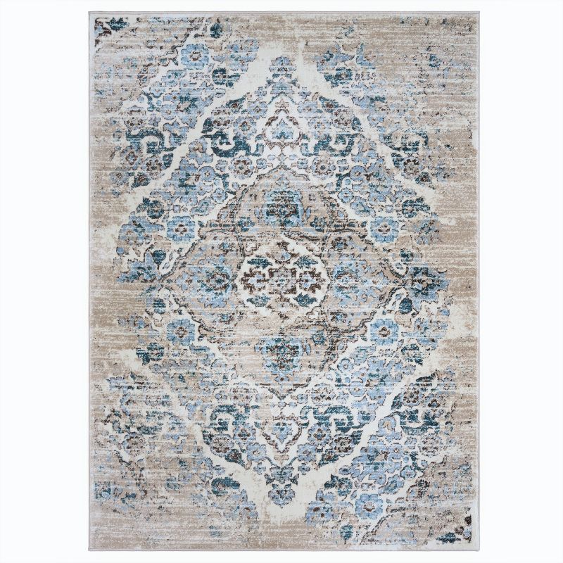 Cream and Blue 9' x 12' Synthetic Oriental Area Rug